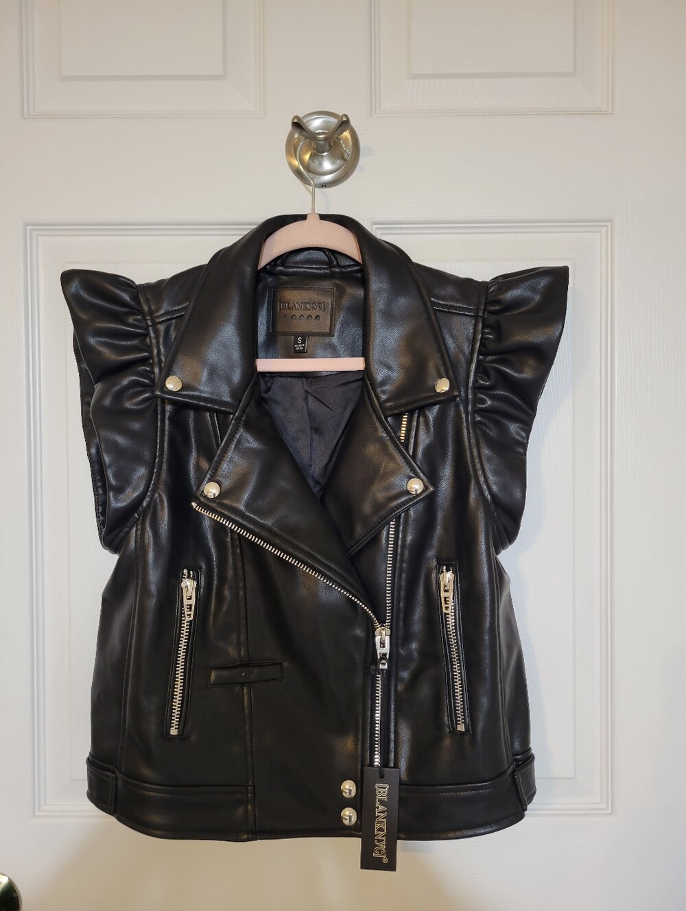 BLANKNYC Faux Leather Ruffle Shoulder Moto Vest in Black (Size S) - NWT